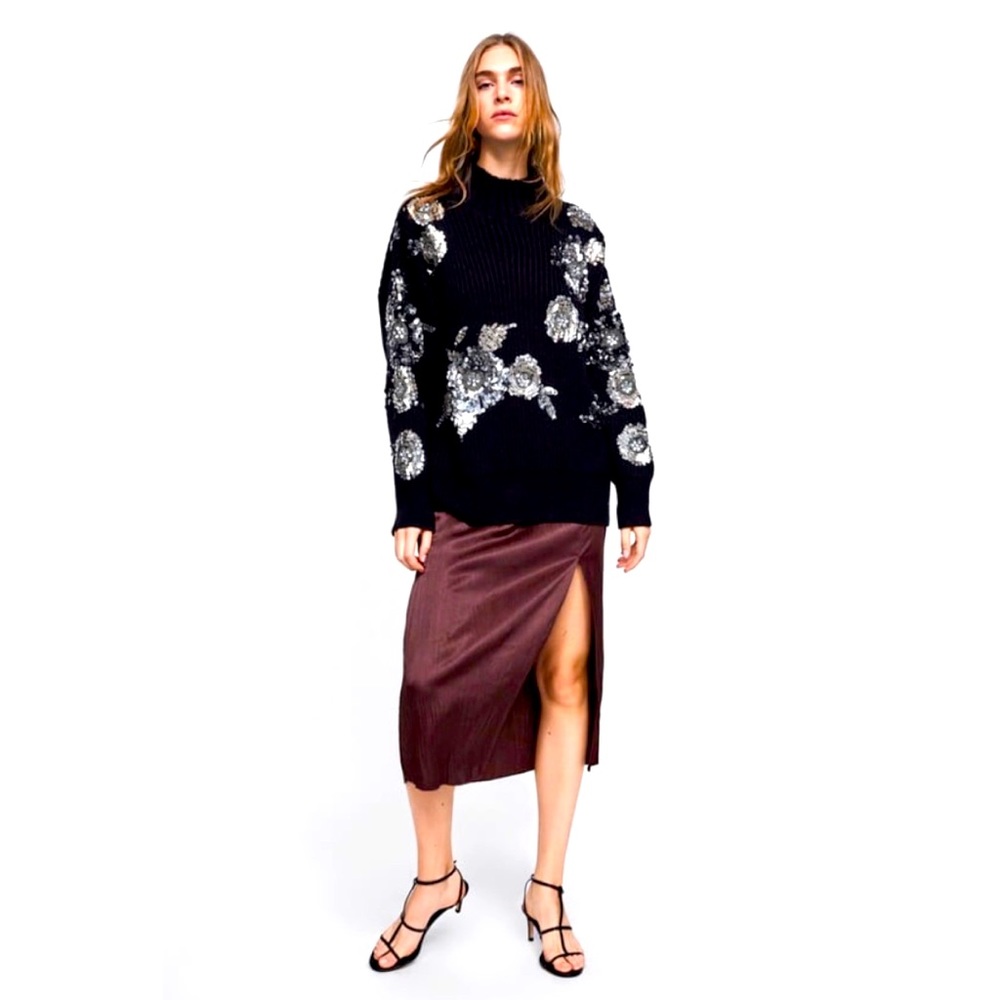 Zara Basic | Brown pleated silk skirt | Size L